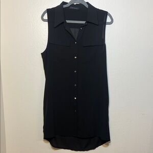 Elegant Black Sleeveless Gold Button-Down Semi Sheer Shirt Large